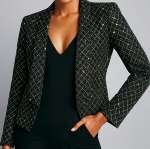En Francais Lurex Diamond Check Open Front Evening Jacket Black Gold 12